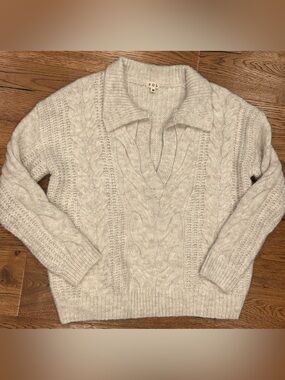 POL Cream Collar Cable V Neck Oversized Knit Sweater - Size - Medium
